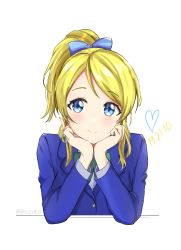 Rule 34 | 1girl, artist request, ayase eli, blonde hair, blue bow, blue cardigan, blue eyes, blue jacket, blush, bow, bowtie, breasts, cardigan, collared shirt, elbow on table, female focus, green bow, hair between eyes, hair bow, hair ornament, hair scrunchie, hands on chin, highres, jacket, long hair, long sleeves, looking at viewer, love live!, love live! school idol project, medium breasts, otonokizaka school uniform, parted lips, pleated skirt, ponytail, school uniform, scrunchie, shirt, short sleeves, shuzuta, skirt, smile, solo, striped, striped bow, table, white background, white scrunchie, white shirt