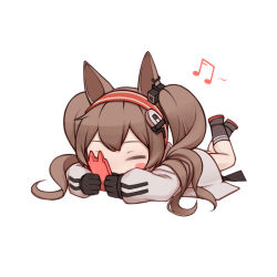 Rule 34 | 1girl, angelina (arknights), animal ears, arknights, beamed sixteenth notes, black footwear, black gloves, black socks, blush stickers, brown hair, cellphone, chibi, chinese commentary, closed eyes, coat, commentary request, fox ears, gloves, hairband, holding, holding phone, legs up, long hair, lxjun 09, lying, musical note, on stomach, phone, red hairband, simple background, smartphone, socks, solo, striped clothes, striped hairband, twintails, white background, white coat