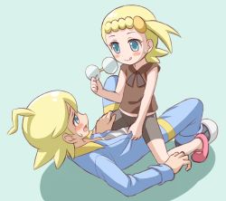 Rule 34 | 1boy, 1girl, bike shorts, blonde hair, bonnie (pokemon), brother and sister, child, clemont (pokemon), creatures (company), game freak, girl on top, licking lips, nintendo, open mouth, pokemon, porocha, short hair, siblings, sweat, tongue, tongue out