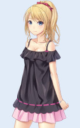 Rule 34 | 1girl, arms at sides, black dress, blonde hair, blue background, blue eyes, blush, bow, bracelet, breasts, cleavage, closed mouth, collarbone, cowboy shot, dress, eyebrows, flower bracelet, hair bow, hair intakes, high ponytail, highres, jewelry, long hair, looking at viewer, medium breasts, n.g., original, pink skirt, pleated skirt, red bow, simple background, skirt, smile, solo, standing