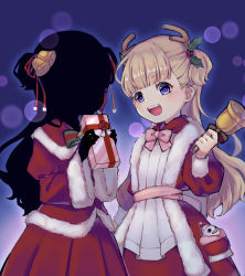Rule 34 | 2girls, antlers, bell, black hair, black skin, blonde hair, blue eyes, blunt bangs, bow, box, christmas, colored skin, dress, emilico (shadows house), fur trim, gift, gift box, hair ornament, holding, horns, jingle bell, kate (shadows house), long hair, long sleeves, looking at viewer, multiple girls, open mouth, pan-chan (shadows house), pink bow, pocket, red dress, reindeer antlers, santa costume, shadow (shadows house), shadows house, smile, stuffed animal, stuffed bird, stuffed toy, two side up, upper body, wide sleeves, yomo (yomooo1313)