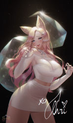 1girl, absurdres, ahri, animal ears, bare shoulders, black background, blonde hair, blue eyes, breasts, cleavage, commentary, english commentary, fingernails, fox ears, hair ornament, highres, k/da (league of legends), k/da ahri, large breasts, league of legends, long fingernails, long hair, looking at viewer, miniskirt, see-through, signature, simple background, skirt, smile, solo, sophia vera lu, standing, tagme, white skirt
