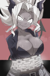 Rule 34 | 1girl, absurdres, black horns, blush, breasts, chain, chained, cleavage, covered navel, demon, demon girl, demon horns, demon tail, glowing, glowing eyes, grey hair, helltaker, highres, horns, illust wo write, judgement (helltaker), large breasts, looking at viewer, metal gloves, solo, steaming body, sweat, tail, white eyes