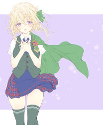 Rule 34 | 1girl, bad id, bad twitter id, blonde hair, blue necktie, blush, braid, braided bangs, breasts, cloak, green cloak, green vest, hair between eyes, hair ribbon, hands on own chest, kantai collection, necktie, parted lips, perth (kancolle), plaid, plaid skirt, purple eyes, ribbon, shiosoda, shirt, simple background, skirt, solo, thighhighs, two-tone background, vest, white shirt