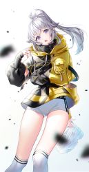 Rule 34 | 1girl, absurdres, blurry, blurry foreground, breast pocket, buckle, debris, ear piercing, feet out of frame, floating hair, glint, grey hair, head tilt, high collar, highres, holding, holding shoes, hood, hood down, hoodie, long hair, looking at viewer, mikazuki mika, open mouth, original, over-kneehighs, piercing, pocket, ponytail, purple eyes, shoes, short shorts, shorts, sleeves past wrists, snap-fit buckle, solo, thighhighs, white footwear, white shorts, white thighhighs, wind