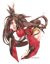 Rule 34 | 1girl, artist name, bare legs, bare shoulders, breasts, brown eyes, brown hair, china dress, chinese clothes, cowboy shot, detached sleeves, dress, featherism (yuna), guilty gear, hair ornament, hairclip, kuradoberi jam, large breasts, leaning forward, long hair, long sleeves, red dress, skirt, smile, solo, teeth, thighs, upper body, very long hair, wide sleeves