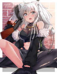 Rule 34 | 1girl, :d, ahoge, ak-47, animal ears, assault rifle, bare shoulders, benchen06, blush, boots, breasts, cleavage, earrings, fur-trimmed jacket, fur trim, grey eyes, grey hair, gun, hair between eyes, highres, holding, holding gun, holding weapon, hololive, jacket, jewelry, kalashnikov rifle, large breasts, lion ears, lion girl, long hair, looking at viewer, nail polish, necklace, open mouth, rifle, see-through, see-through cleavage, shirt, shishiro botan, shishiro botan (1st costume), single leg pantyhose, sitting, skirt, smile, solo, torn clothes, torn legwear, virtual youtuber, weapon