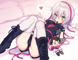 Rule 34 | 1girl, bed, black footwear, black gloves, black shirt, black shorts, blush, boots, bow, candy, character doll, chocolate, chocolate heart, commentary request, cross-laced footwear, facial scar, fate/grand order, fate (series), food, food in mouth, fujimaru ritsuka (male), gloves, green eyes, grey hair, grey shirt, hair between eyes, heart, jack the ripper (fate/apocrypha), jack the ripper (memory of qualia) (fate), knee boots, knees together feet apart, lace-up boots, long sleeves, looking at viewer, lying, memory of qualia, mouth hold, necktie, on back, pillow, pink bow, pink necktie, pink ribbon, ribbon, scar, scar across eye, scar on cheek, scar on face, shadow, shiny skin, shirt, short hair, shorts, sidelocks, sleeves rolled up, smile, solo, spoken heart, striped clothes, striped shirt, thighhighs, tsurime, tubumi, valentine, waistcoat, white bow, white thighhighs