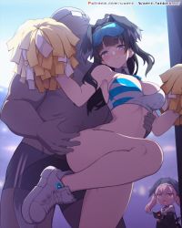 Rule 34 | &lt;|&gt; &lt;|&gt;, 1boy, 2girls, animal ears, animated, animated gif, arm up, armpits, black hair, blue archive, blue eyes, blush, book, bottomless, breasts, cheerleader, cleft of venus, closed mouth, crop top, dark-skinned male, dark skin, dog ears, dog tail, goggles, goggles on head, hat, head wings, hibiki (blue archive), hibiki (cheer squad) (blue archive), holding, holding book, holding pom poms, imminent penetration, koharu (blue archive), large breasts, long hair, looking at another, millennium cheerleader outfit (blue archive), multiple girls, navel, official alternate costume, pink hair, pom pom (cheerleading), pom poms, pussy, sensei (blue archive), shoes, spread legs, standing, standing on one leg, stomach, sweat, tail, thigh grab, twintails, uncensored, waero, wings