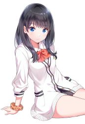 Rule 34 | 1girl, arm support, black hair, black skirt, blue eyes, blush, bow, cardigan, closed mouth, collared shirt, commentary request, dress shirt, feet out of frame, gridman universe, highres, long hair, long sleeves, looking at viewer, miniskirt, orange scrunchie, pleated skirt, red bow, scrunchie, shirt, simple background, skirt, solo, ssss.gridman, takarada rikka, white background, white cardigan, white shirt, wrist scrunchie, yatomi