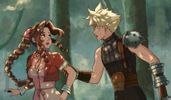 Rule 34 | 1boy, 1girl, aerith gainsborough, arm grab, armor, bangle, belt, blonde hair, blush, bracelet, braid, braided ponytail, breasts, brown gloves, brown hair, choker, cleavage, cloud strife, cropped jacket, dress, earrings, final fantasy, final fantasy vii, forest, gloves, green eyes, hair ribbon, jacket, jewelry, long hair, looking at another, looking back, medium breasts, multiple belts, nature, open mouth, outdoors, parted bangs, pink dress, pink ribbon, red jacket, ribbon, short hair, short sleeves, shoulder armor, sidelocks, single earring, sleeping forest, sleeveless, sleeveless turtleneck, softp3ach, spiked hair, square enix, suspenders, tree, turtleneck, wavy hair