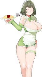 Rule 34 | 1girl, apron, bare shoulders, breasts, cleavage, closed eyes, covered erect nipples, dress, elbow gloves, food, frilled apron, frilled hairband, frills, gloves, green dress, green gloves, green hair, green ribbon, hairband, highres, idolmaster, idolmaster cinderella girls, large breasts, maid, maid apron, maid headdress, menea, mole, mole under eye, omelet, omurice, ribbon, short hair, signature, smile, solo, takagaki kaede, thigh strap, thighs