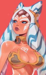 Rule 34 | 1girl, ahsoka tano, alien, armor, bare shoulders, bikini, bikini armor, blue eyes, breasts, brown lips, chest tattoo, cleavage, collar, collarbone, colored skin, commentary, english commentary, eyelashes, eyeliner, eyeshadow, eymbee, facial tattoo, forehead protector, gold collar, highres, large breasts, lips, long hair, looking to the side, makeup, midriff, nose, o-ring, official alternate costume, orange skin, red background, slave, solo, star wars, star wars: return of the jedi, star wars: the clone wars, strapless, strapless bikini, swimsuit, tattoo, tentacle hair, togruta, torso only, upper body, white hair