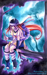 Rule 34 | 00s, 1girl, 2004, bandages, cloak, dated, flute, forest, full body, hair between eyes, hat, in tree, instrument, long hair, maeva, maevachan, naruto, naruto (series), nature, outdoors, plant, red hair, shaded face, short sleeves, sitting, smile, solo, tayuya (naruto), tree, very long hair, watermark, web address