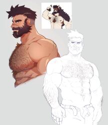 Rule 34 | 1boy, abs, absurdres, arm hair, armpit hair, armpit hair peek, bara, beard, body fur, chest tuft, connected beard, cropped torso, drawreshi, facial hair, from side, full beard, hairy, highres, huge eyebrows, humanization, large pectorals, male focus, mature male, multiple views, muscular, muscular male, navel hair, nipples, nude, open fly, original, partially colored, pectorals, profile, reference inset, resh (drawreshi), short hair, stomach, thick beard, thick chest hair, thick mustache