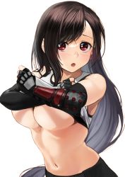 Rule 34 | 1girl, bare shoulders, black gloves, black hair, black skirt, blush, breasts, clothes lift, commentary request, cowboy shot, elbow gloves, final fantasy, final fantasy vii, fingerless gloves, gloves, highres, izawa (bhive003), large breasts, long hair, looking at viewer, navel, open mouth, shirt lift, simple background, skirt, solo, sports bra, suspender skirt, suspenders, swept bangs, tifa lockhart, underboob, undressing, upper body, very long hair, white background