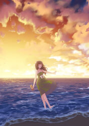 Rule 34 | 1girl, barefoot, beach, bow, closed eyes, dress, dress bow, flip-flops, green dress, grin, holding, holding clothes, holding footwear, juu ho, long hair, original, sandals, shore, smile, solo, splashing, sunset, wading, water, white bow