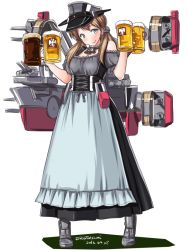 Rule 34 | 10s, 1girl, 2016, alcohol, anchor, apron, beer, beer mug, blonde hair, blue eyes, blush, boots, closed mouth, corset, cup, dated, dirndl, dress, frills, full body, german clothes, hair over shoulder, hat, holding, jewelry, kantai collection, legs apart, long hair, looking at viewer, low twintails, machinery, mug, necklace, off-shoulder dress, off shoulder, peaked cap, prinz eugen (kancolle), short sleeves, signature, simple background, sketch, smile, solo, standing, tatsumi ray, turret, twintails, twitter username, white background