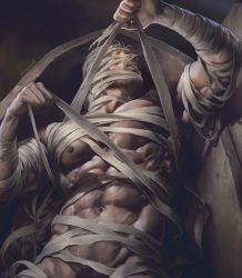Rule 34 | 1boy, abs, aenaluck, bandages, bara, clenched teeth, coffin, facial hair, glowing, glowing eyes, grey hair, highres, large pectorals, lying, male focus, mummy, mummy costume, muscular, muscular male, naked bandage, navel, nipples, on back, original, pectorals, short hair, solo, teeth