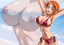 Rule 34 | 1girl, armpits, arms behind back, arms up, bikini, breasts, large breasts, nami (one piece), navel, nel-zel formula, one piece, orange hair, side-tie bikini bottom, swimsuit, zoom layer