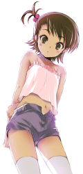 Rule 34 | 00s, 1girl, :&lt;, arm hug, arms behind back, backlighting, blush, brown eyes, brown hair, camisole, denim, denim shorts, flat chest, flipped hair, from below, futami ami, hair bobbles, hair ornament, idolmaster, idolmaster (classic), idolmaster 1, kawata hisashi, looking down, midriff, navel, one side up, open fly, shorts, simple background, solo, staring, thighhighs, unzipped, white thighhighs, wide-eyed