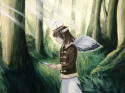 Rule 34 | 1girl, brown coat, brown eyes, brown hair, clonvermin, coat, feathers, forest, grass, haibane renmei, halo, headband, highres, holding, holding feather, medium hair, nature, outdoors, rakka (haibane), skirt, solo, standing, sunlight, white skirt, wings