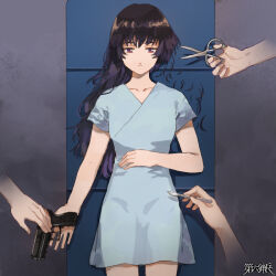 Rule 34 | 1girl, asymmetrical hair, copyright name, cutting hair, dairoku ryouhei, disembodied hand, dress, gown, gun, holding, holding gun, holding scalpel, holding weapon, lilu (tw), long hair, looking at viewer, margarita thompson, mixed-language commentary, scalpel, scissors, short sleeves, weapon