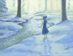 Rule 34 | 1girl, 77gl, blue hair, bow, cirno, dress, female focus, footprints, forest, from behind, hair bow, ice, looking down, nature, outstretched arms, perfect cherry blossom, ribbon, short sleeves, snow, socks, solo, spread arms, standing, stream, sunlight, touhou, tree, winter