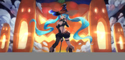 Rule 34 | 1girl, absurdres, black hat, black pantyhose, blue eyes, blue hair, breasts, cleavage, fishnet thighhighs, fishnets, gods (1073337800), hat, hatsune miku, highres, holding, holding microphone, large breasts, long hair, looking at viewer, microphone, microphone stand, navel, pantyhose, parted lips, smile, solo, thighhighs, twintails, vocaloid, witch hat