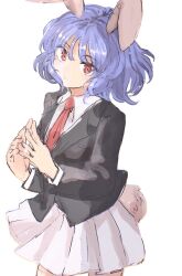Rule 34 | 1girl, animal ears, black jacket, blue hair, closed mouth, collared shirt, commentary, highres, jacket, long sleeves, looking at viewer, nanataru10, necktie, one-hour drawing challenge, rabbit ears, rabbit girl, rabbit tail, red eyes, red necktie, reisen (touhou bougetsushou), shirt, short hair, skirt, solo, tail, touhou, white shirt, white skirt