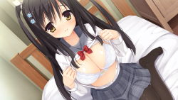 Rule 34 | 1girl, bed, black hair, blush, bra, breasts, cleavage, clothes lift, female focus, game cg, kobuichi, large breasts, legs, long hair, looking at viewer, muririn, no shoes, pantyhose, sanoba witch, school uniform, shirt lift, sitting, skirt, solo, thighs, togakushi touko, unbuttoned, underwear, white bra, yellow eyes