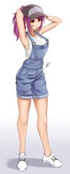 Rule 34 | 1girl, airisubaka, armpits, arms behind head, arms up, bandaid, bandaid on cheek, bandaid on face, bare arms, baseball cap, breasts, brown eyes, collarbone, crop top, denim, full body, grey background, hair tie in mouth, hat, highres, large breasts, leah (airisubaka), long hair, mouth hold, original, overall shorts, overalls, ponytail, purple hair, shirt, shoes, shorts, signature, sleeveless, sleeveless shirt, sneakers, solo, standing, symbol-only commentary, white footwear, white shirt
