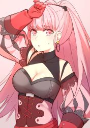 Rule 34 | 1girl, absurdres, belt, blunt bangs, breasts, cleavage, closed mouth, earrings, female focus, fire emblem, fire emblem: three houses, gloves, highres, hilda valentine goneril, hoop earrings, jewelry, large breasts, long hair, looking at viewer, matching hair/eyes, nintendo, pink eyes, pink hair, red gloves, simple background, smile, solo, sweat, transistor, twintails, uniform