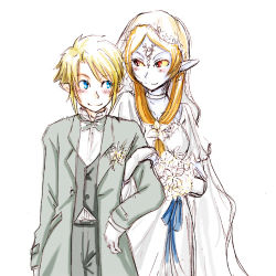 Rule 34 | 1boy, 1girl, blue skin, blush, bouquet, choker, colored skin, dress, flower, formal, front ponytail, good end, happy, height difference, link, lowres, midna, midna (true), nintendo, orange hair, pointy ears, red eyes, smile, spoilers, suit, the legend of zelda, the legend of zelda: twilight princess, wedding, wedding dress