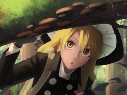 Rule 34 | 1girl, :o, amino (tn7135), backpack, bad id, bad pixiv id, bag, black gloves, blonde hair, chromatic aberration, fingerless gloves, gloves, hat, kirisame marisa, leaf, long hair, long sleeves, looking up, mushroom, open mouth, shirt, solo, touhou, turtleneck, upper body, witch hat, yellow eyes