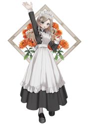 Rule 34 | 1girl, absurdres, apron, arm up, black footwear, brown hair, commentary request, dress, floral background, flower, frilled apron, frills, grey hair, hair flower, hair ornament, highres, loafers, long hair, looking at viewer, maid, maid apron, maid headdress, orange flower, original, pantyhose, parted lips, pleated dress, shii (kairi-t-k0317), shoes, simple background, smile, solo, swept bangs, victorian maid, white apron, white background, white flower, white pantyhose