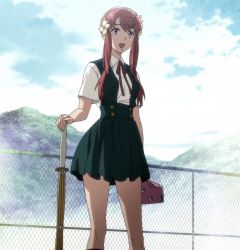 Rule 34 | 10s, 1girl, :d, big order, buttons, chain-link fence, cloud, collared shirt, day, female focus, fence, flower, hair flower, hair ornament, hand on hilt, happy, high-waist skirt, highres, hill, holding, kneehighs, kurenai rin, legs apart, looking to the side, miniskirt, open mouth, outdoors, parted bangs, planted, planted sword, planted weapon, pleated skirt, red eyes, red hair, ribbon, school uniform, screencap, shinai, shirt, short hair with long locks, short sleeves, sidelocks, skirt, sky, smile, socks, solo, standing, suspender skirt, suspenders, sword, weapon, wrapped bento