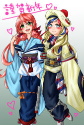 Rule 34 | 10s, adapted costume, akashi (kancolle), armor, beret, blonde hair, blue eyes, blue hair, blue skirt, commandant teste (kancolle), green eyes, hair ribbon, hat, highres, hip vent, japanese clothes, kantai collection, kimono, long hair, long sleeves, looking at viewer, multicolored hair, multiple girls, pink hair, red hair, ribbon, robakajitsu, scarf, skirt, smile, streaked hair, tress ribbon, twintails, wavy hair