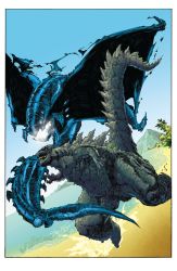 Rule 34 | absurdres, cloud, cross promotion, day, dinosaur, eric battle, giant, giant monster, glowing, glowing eyes, godzilla, godzilla: awakening, godzilla (2014), godzilla (series), highres, island, kaijuu, legendary pictures, monster, monsterverse, ocean, official art, shinomura, tie-in, toho, water, wings