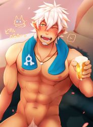 Rule 34 | 1boy, abs, alcohol, bara, beer, blush, check copyright, completely nude, copyright request, cowboy shot, crow (siranui), dark-skinned male, dark skin, facial hair, falling petals, goatee, highres, jewelry, male focus, male pubic hair, medium hair, muscular, muscular male, navel, necklace, nipples, nude, onsen, original, out-of-frame censoring, pectorals, petals, pointy ears, pubic hair, sitting, solo, stomach, towel, towel around neck, translation request, white hair