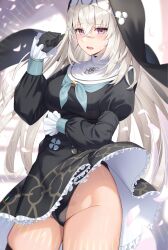 Rule 34 | 1girl, aqua neckerchief, arm under breasts, black dress, black gloves, black leotard, black thighhighs, blue archive, blurry, blush, breasts, clenched hand, clothes lift, commentary, cowboy shot, depth of field, dress, embarrassed, frilled dress, frilled sleeves, frills, gloves, groin, hair between eyes, halo, hand up, highleg, highleg leotard, highres, large breasts, leotard, light rays, long hair, long sleeves, looking at viewer, mutenka (plfgb), neckerchief, open mouth, petals, puffy long sleeves, puffy sleeves, purple eyes, sakurako (blue archive), skirt, skirt lift, solo focus, standing, thighhighs, veil, white hair, wind, wind lift
