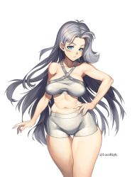 1girl bare_shoulders bikini blue_eyes breasts cowboy_shot creatures_(company) dmitriy_samarkin game_freak grey_bikini grey_hair hand_on_own_hip highres large_breasts long_hair looking_at_viewer mature_female melony_(pokemon) midriff navel nintendo pokemon pokemon_swsh skindentation solo swimsuit twitter_username very_long_hair