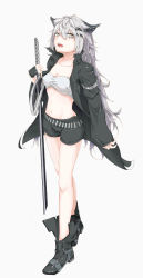 Rule 34 | 1girl, absurdres, akilv, animal ears, arknights, bandeau, bare legs, belt, black belt, black footwear, black jacket, black shorts, boots, breasts, cleavage, collarbone, commentary request, fang, full body, grey background, grey eyes, groin, hair between eyes, hair ornament, hairclip, highres, holding, holding sword, holding weapon, jacket, lappland (arknights), long hair, long sleeves, looking at viewer, medium breasts, midriff, navel, open clothes, open jacket, open mouth, scar, scar across eye, scar on face, short shorts, shorts, silver hair, simple background, solo, standing, stomach, strapless, sword, thighs, tube top, very long hair, weapon, wolf ears