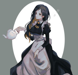 Rule 34 | 1girl, apron, ascot, back bow, binah (project moon), black ascot, black dress, black hair, bow, breasts, brooch, dress, highres, holding, holding teapot, jewelry, juliet sleeves, large breasts, library of ruina, long hair, long sleeves, looking at viewer, maid, mole, mole under eye, moth ram, parted lips, project moon, puffy sleeves, solo, teapot, white apron, white bow, wrist cuffs