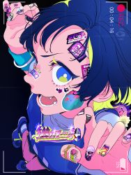 Rule 34 | 1girl, absurdres, bandaid, battery indicator, chain, chain necklace, fang, fingernails, from above, highres, jewelry, looking at viewer, necklace, nilililn25, purple eyes, purple hair, purple shirt, recording, roaring, shirt, shoes, short shorts, shorts, sneakers, sticker, zutto mayonaka de ii no ni