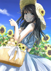 Rule 34 | 1girl, arms up, bare arms, basket, belt, black hair, blue eyes, blue sky, blurry, blurry background, blush, carrying, cloud, commentary, cowboy shot, day, dress, english commentary, field, flower, flower field, from side, grin, hand on own chest, hat, hat flower, highres, leaning back, long hair, looking at viewer, original, outdoors, rabbit, signature, sky, sleeveless, sleeveless dress, smile, solo, soragane (banisinngurei), standing, straw hat, striped clothes, striped dress, summer, sundress, sunflower, sunflower field, symbol-only commentary