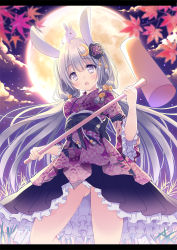 Rule 34 | 1girl, animal, animal ears, animal on head, autumn leaves, bad id, bad pixiv id, bell, blush, breasts, commentary request, cowboy shot, flower, frills, full moon, grey eyes, grey hair, hair bell, hair flower, hair ornament, hammer, head tilt, holding, hoshino koucha, japanese clothes, kimono, kine, leaf, letterboxed, long hair, looking at viewer, mallet, maple leaf, medium breasts, moon, moon (ornament), night, night sky, on head, open mouth, original, panties, pantyshot, rabbit, rabbit ears, rabbit on head, red flower, seigaiha, sky, solo, standing, underwear, very long hair, white panties, wide sleeves