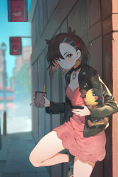 Rule 34 | 1girl, black jacket, black nails, blurry, blurry background, blush, breasts, brown hair, bubble tea, cellphone, choker, cleavage, colored inner hair, commentary request, creatures (company), cup, day, disposable cup, dress, drinking straw, earrings, from side, game freak, gen 8 pokemon, green eyes, grey hair, hair ribbon, highres, holding, holding cup, holding phone, jacket, jewelry, kotoribako, leaning forward, light particles, long sleeves, looking at viewer, marnie (pokemon), morpeko, morpeko (full), multicolored hair, nail polish, nintendo, o-ring, open clothes, open jacket, orange hair, outdoors, pavement, phone, pink dress, pinky out, poke ball symbol, pokemon, pokemon (creature), pokemon swsh, ribbon, shoes, small breasts, standing, standing on one leg, twintails, two side up, waiting
