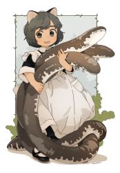 Rule 34 | 1girl, :d, akai sashimi, animal, animal ears, apron, black dress, black eyes, black footwear, black hair, bob cut, border, cat ears, collared dress, dot nose, dress, fingernails, frilled apron, frills, full body, giant salamander, hand up, holding, holding animal, long dress, looking at viewer, maid, maid apron, mary janes, open mouth, original, outdoors, outside border, pocket, salamander, shoes, short hair, short sleeves, signature, sleeve cuffs, sleeves past elbows, smile, solo, standing, swept bangs, tareme, thick eyebrows, white apron, white border, wing collar