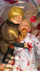 Rule 34 | 2boys, askeladd, blonde hair, blood, blood on face, blood splatter, blood on clothes, bloody weapon, diozero, dying, highres, knife, male focus, mourning, multiple boys, short hair, spoilers, sword, thorfinn, tunic, viking, vinland saga, weapon, yellow eyes